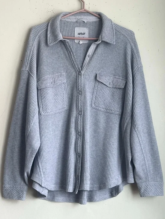 aerie Light Gray Waffle-Knit Button-Up Shirt Jacket - Picture 5 of 5